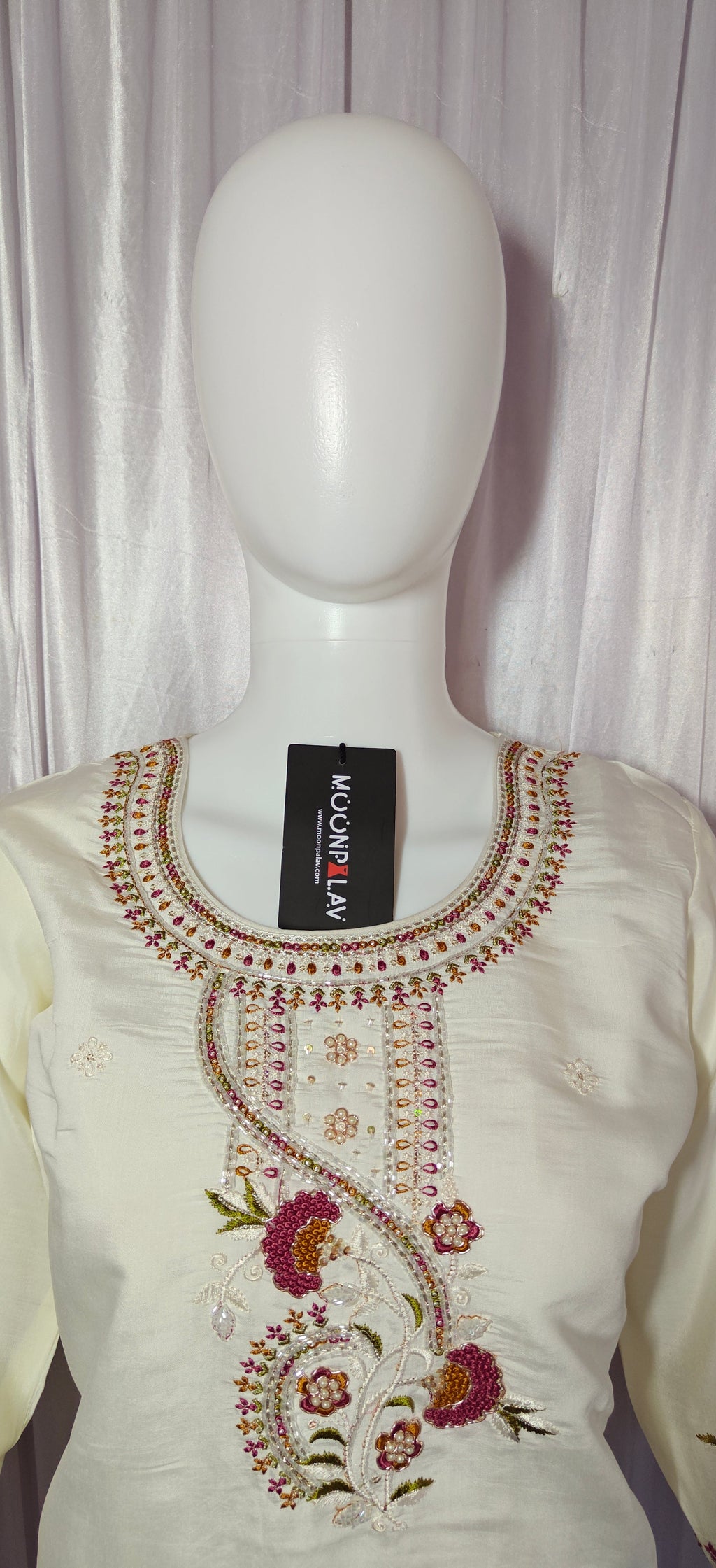 Moonpalav Ivory White Roman Silk Handwork Kurta Set with Muslin Dupatta