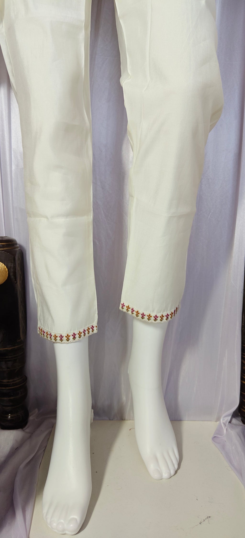 Moonpalav Ivory White Roman Silk Handwork Kurta Set with Muslin Dupatta