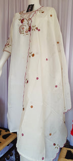 Moonpalav Ivory White Roman Silk Handwork Kurta Set with Muslin Dupatta
