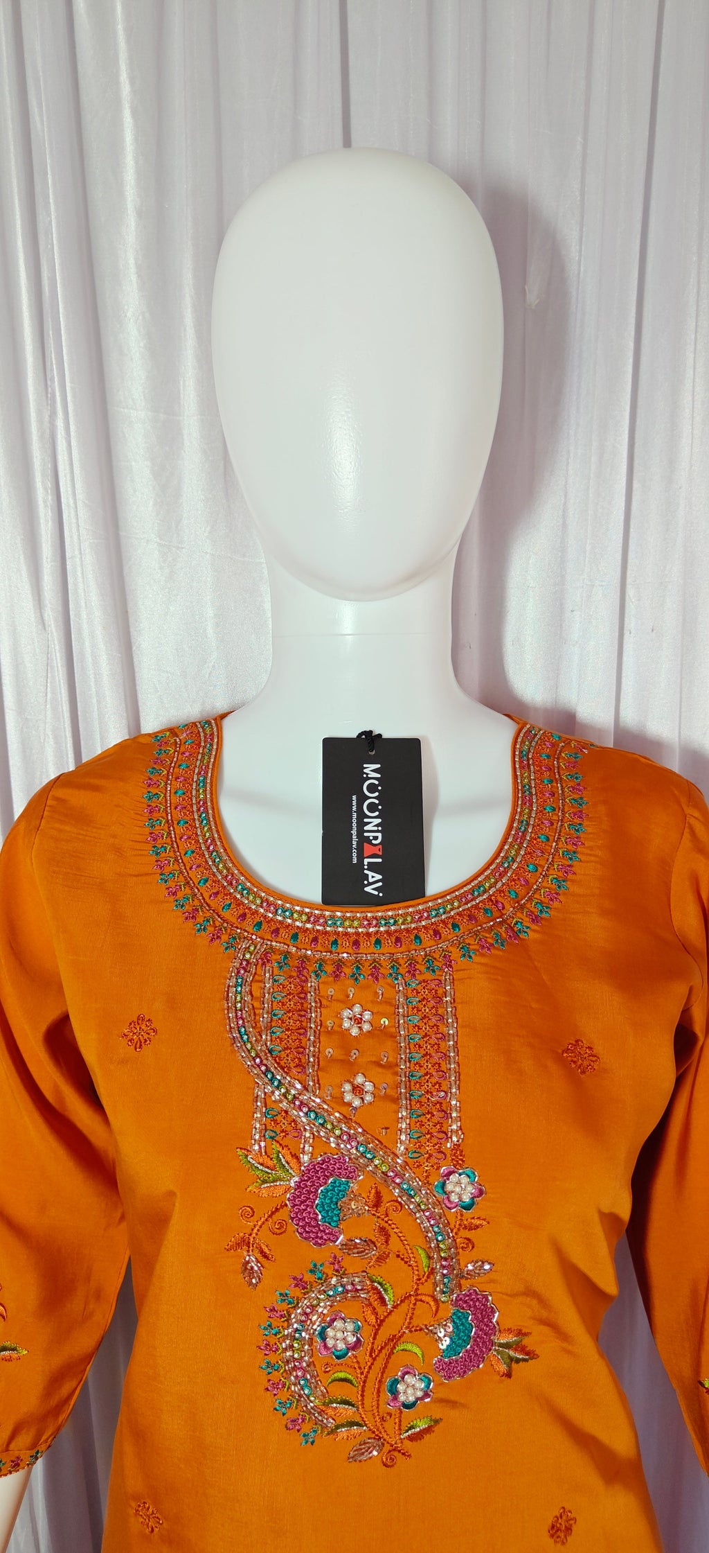 Moonpalav Tangerine Orange Roman Silk Handwork Kurta Set with Dupatta