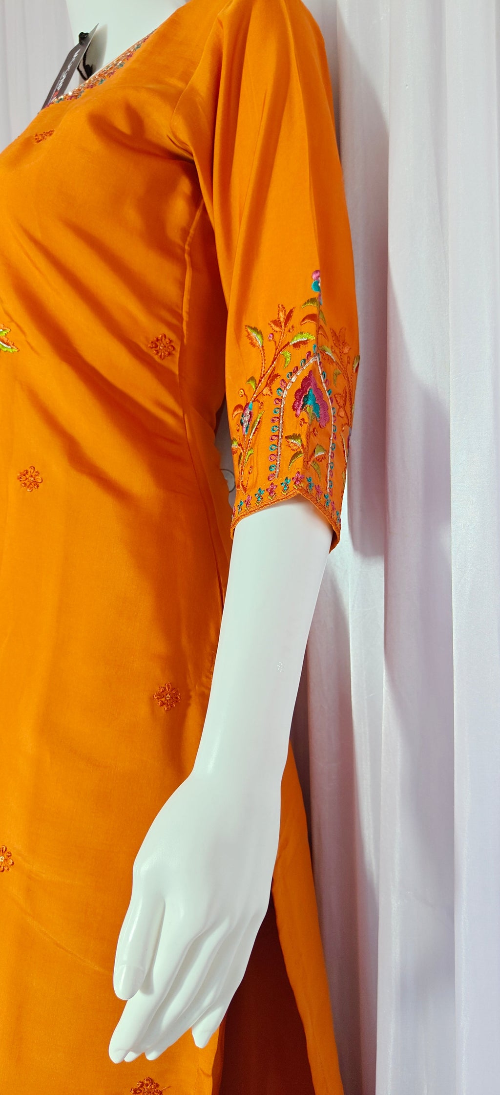 Moonpalav Tangerine Orange Roman Silk Handwork Kurta Set with Dupatta