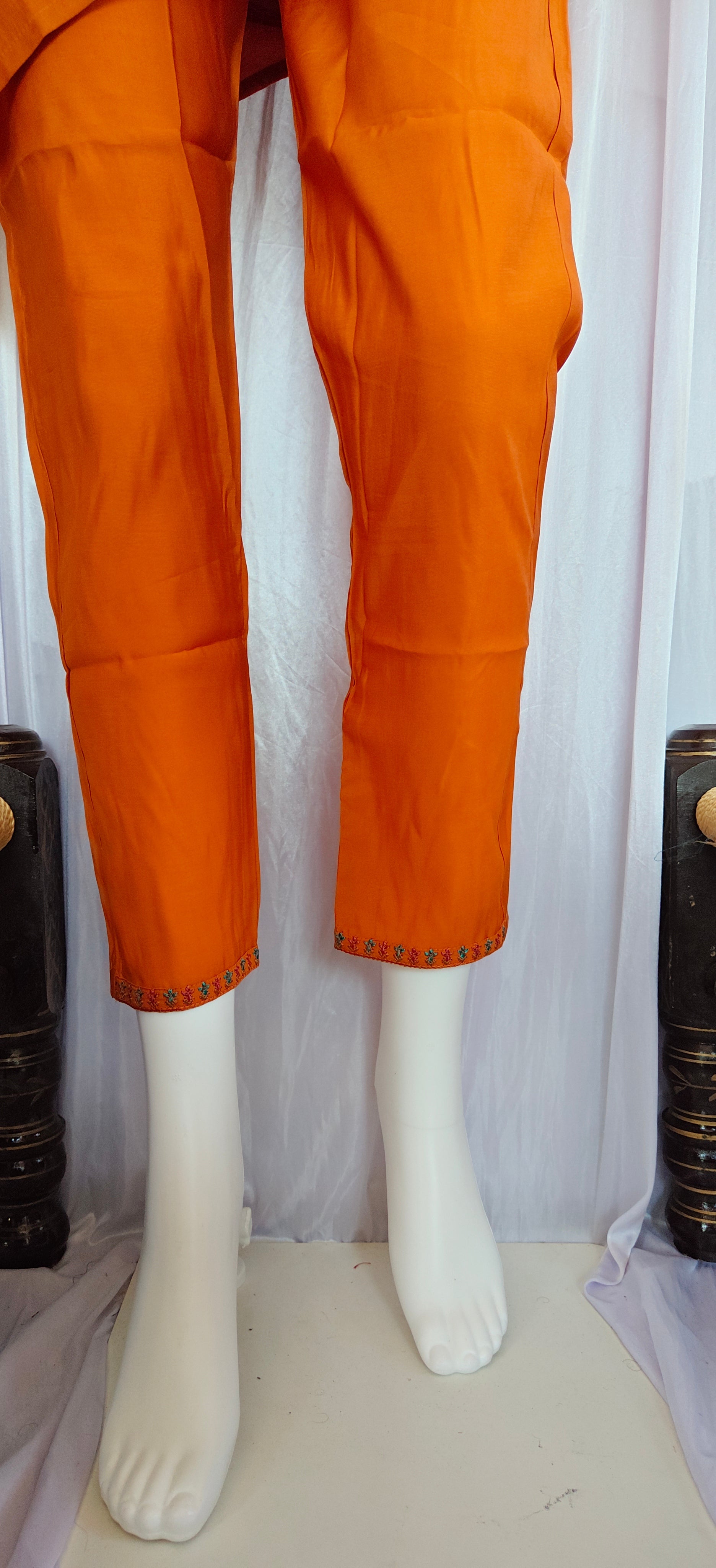 Moonpalav Tangerine Orange Roman Silk Handwork Kurta Set with Dupatta