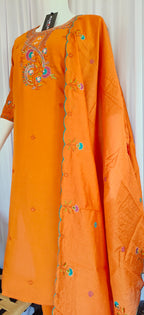 Moonpalav Tangerine Orange Roman Silk Handwork Kurta Set with Dupatta