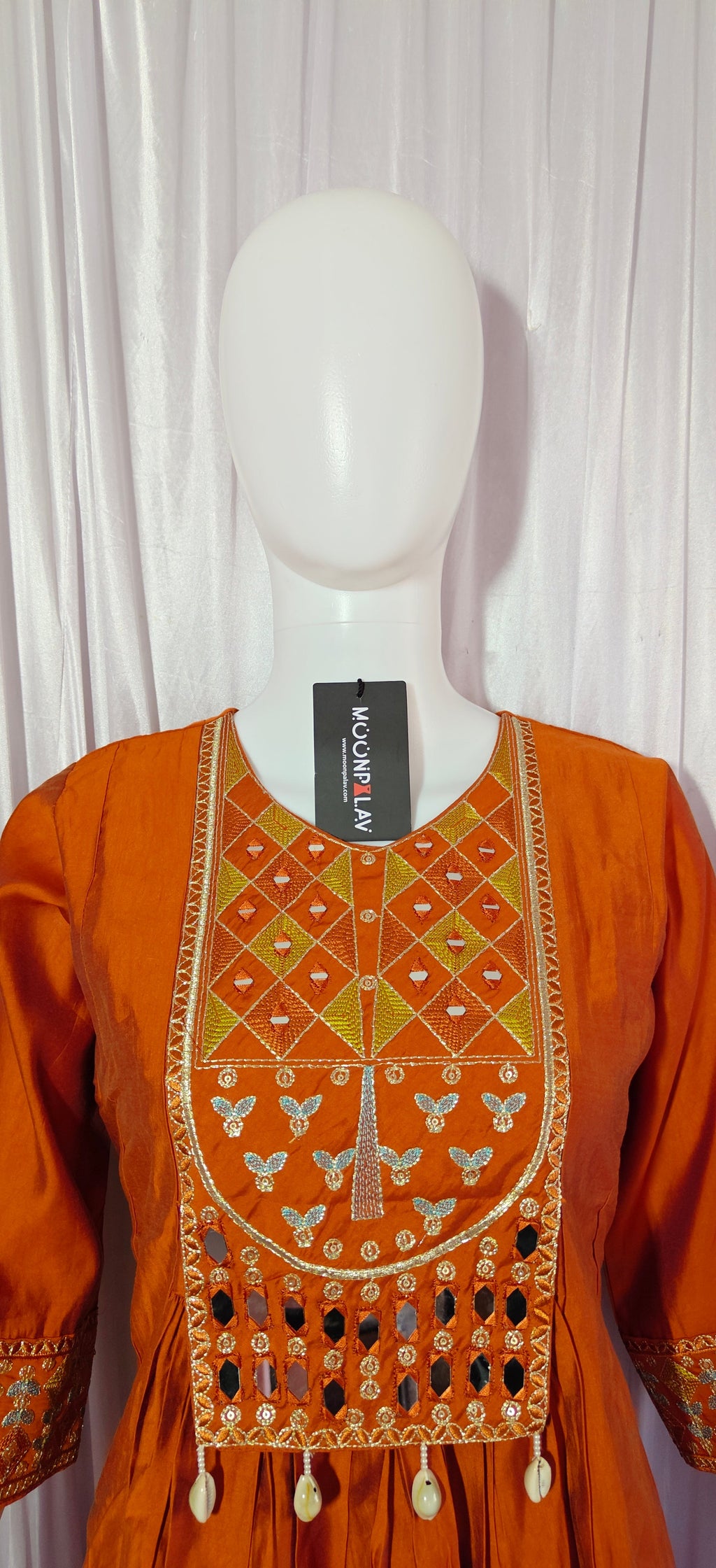 Moonpalav Terracotta Rust Roman Silk Mirror Work Anarkali Set with Dupatta