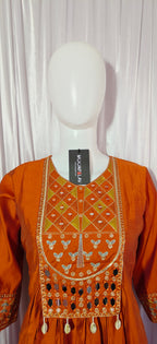 Moonpalav Terracotta Rust Roman Silk Mirror Work Anarkali Set with Dupatta
