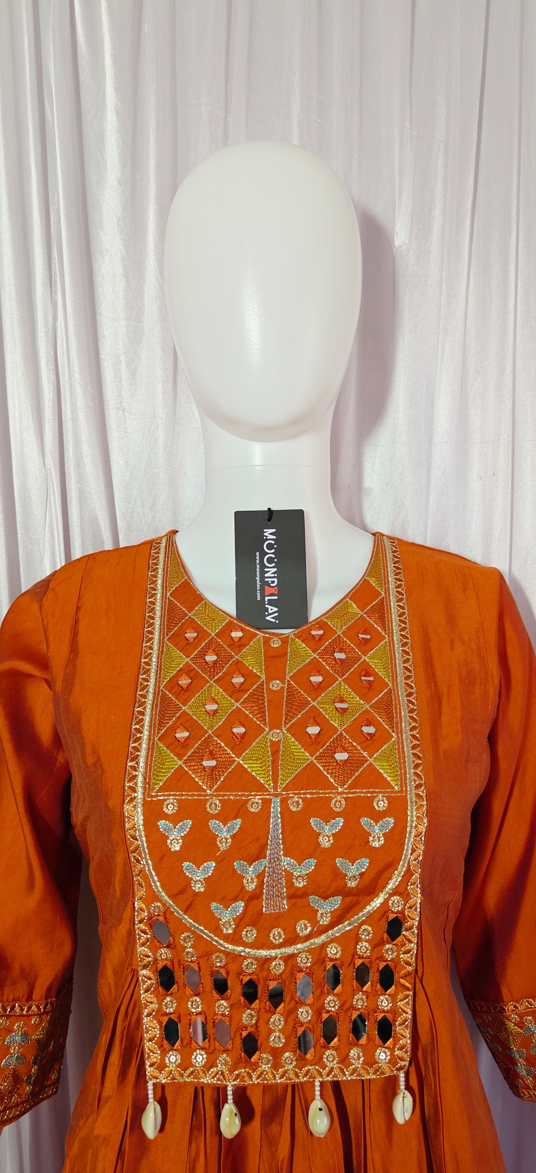 Moonpalav Terracotta Rust Roman Silk Mirror Work Anarkali Set with Dupatta