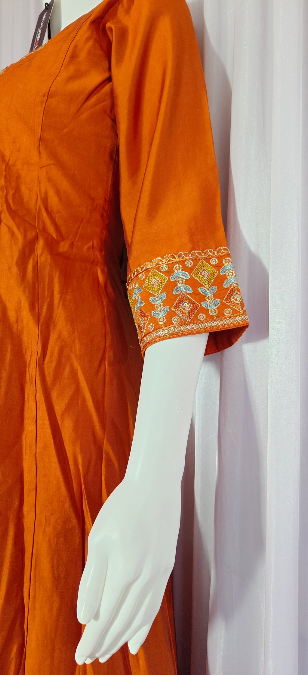 Moonpalav Terracotta Rust Roman Silk Mirror Work Anarkali Set with Dupatta