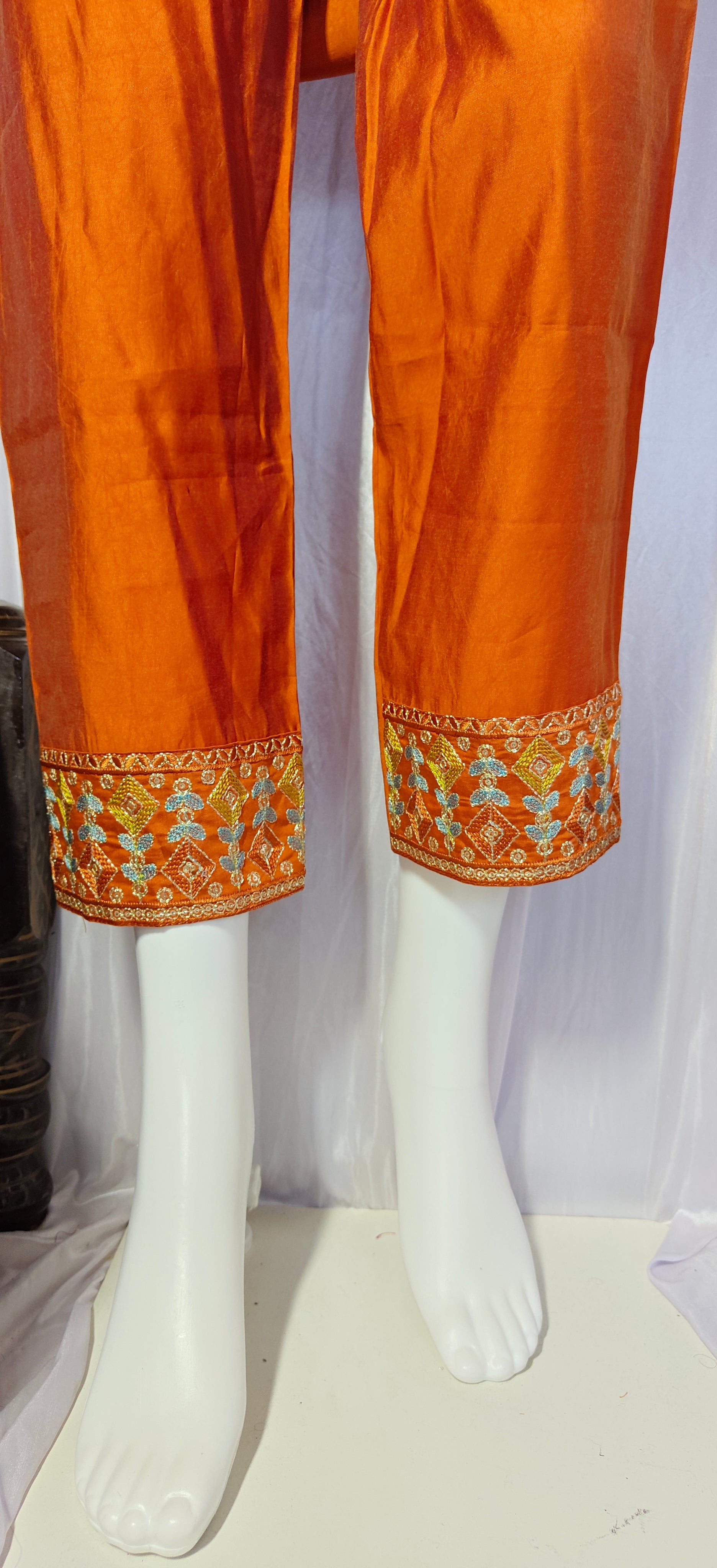 Moonpalav Terracotta Rust Roman Silk Mirror Work Anarkali Set with Dupatta