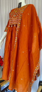 Moonpalav Terracotta Rust Roman Silk Mirror Work Anarkali Set with Dupatta