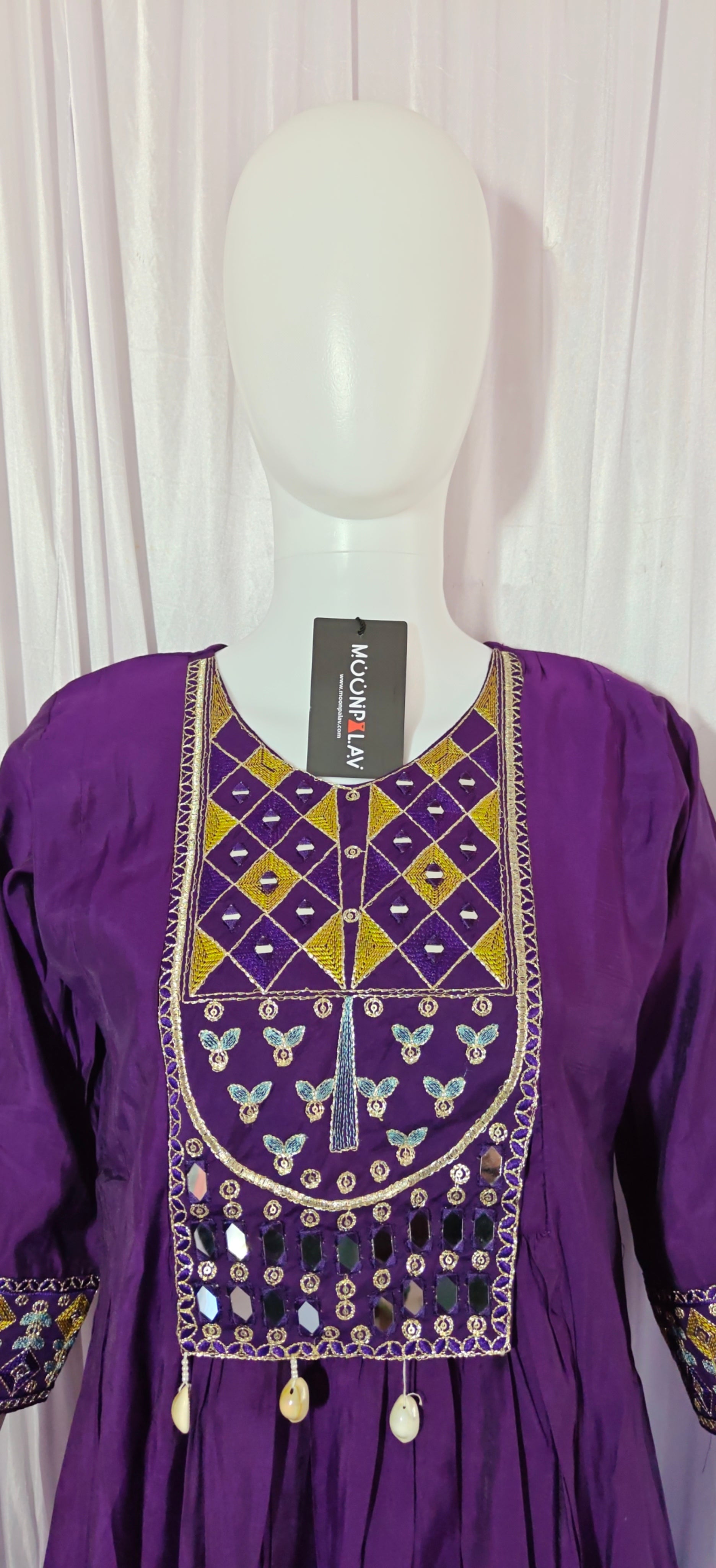 Moonpalav Deep Plum Roman Silk Mirror Work Anarkali Set with Dupatta