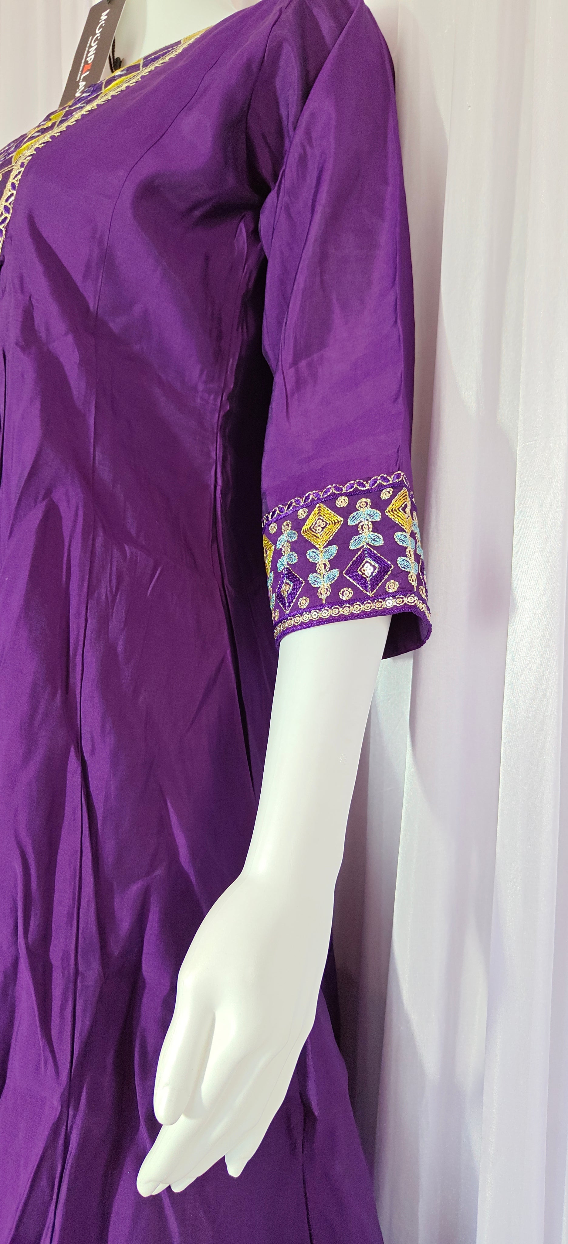 Moonpalav Deep Plum Roman Silk Mirror Work Anarkali Set with Dupatta