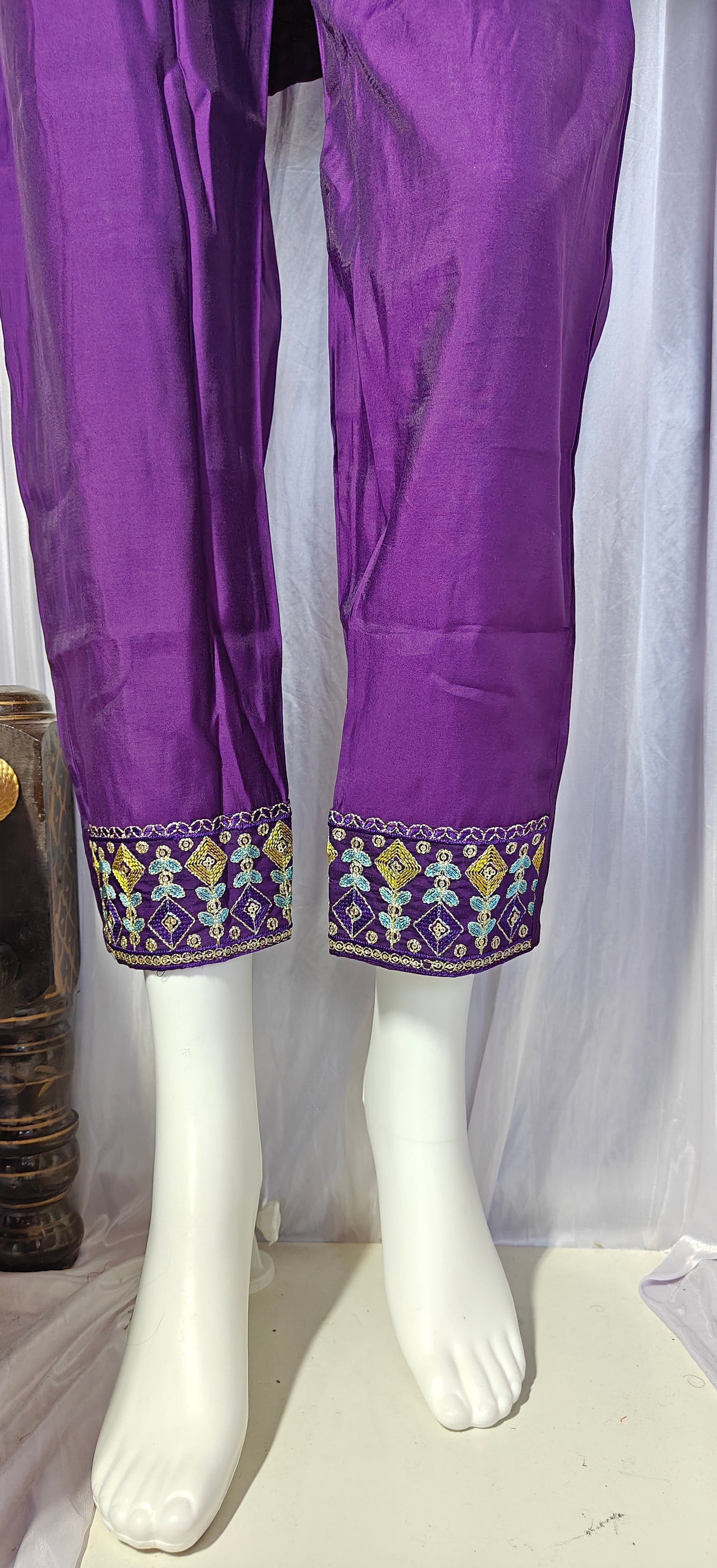 Moonpalav Deep Plum Roman Silk Mirror Work Anarkali Set with Dupatta