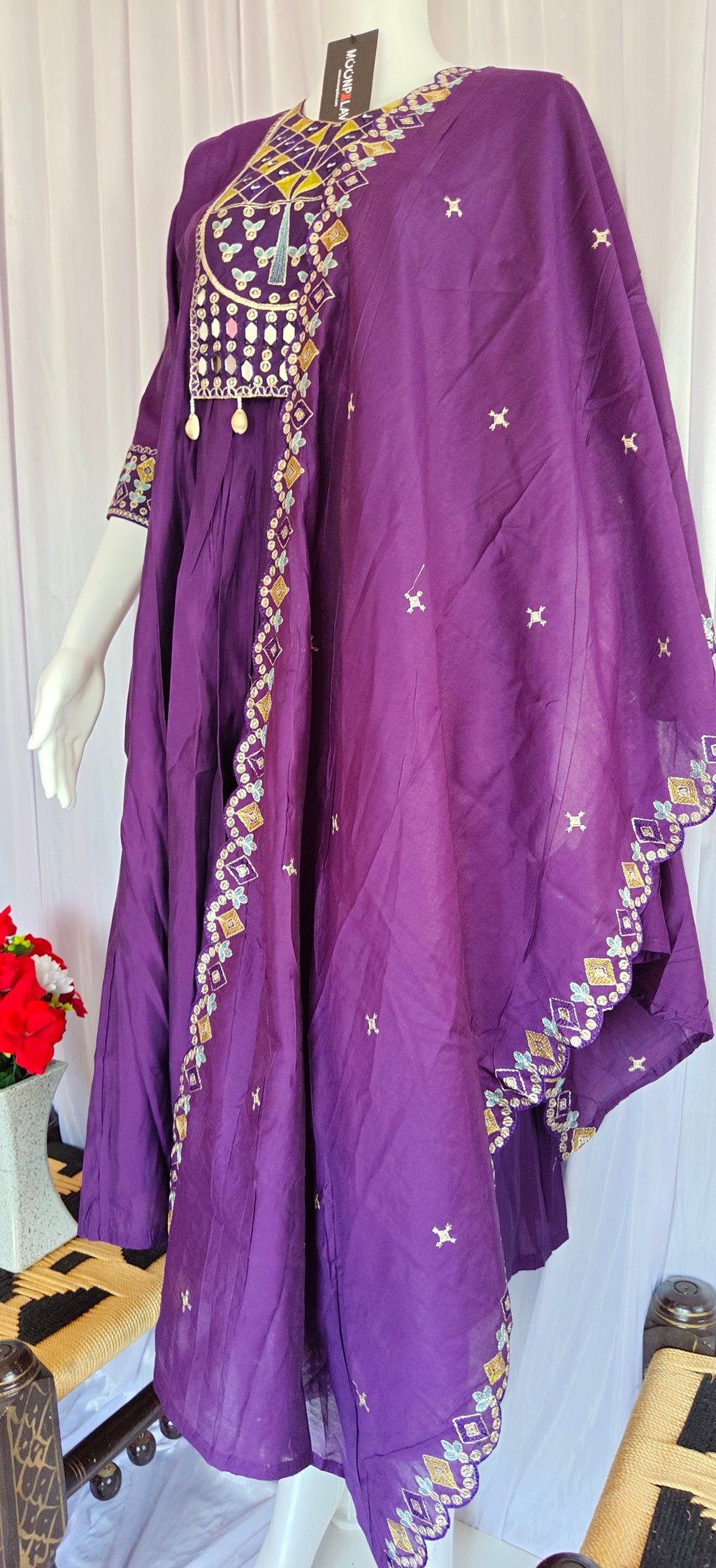 Moonpalav Deep Plum Roman Silk Mirror Work Anarkali Set with Dupatta
