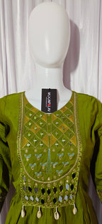 Moonpalav Earthy Olive Roman Silk Mirror Work Anarkali Set with Dupatta