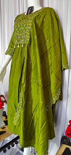 Moonpalav Earthy Olive Roman Silk Mirror Work Anarkali Set with Dupatta