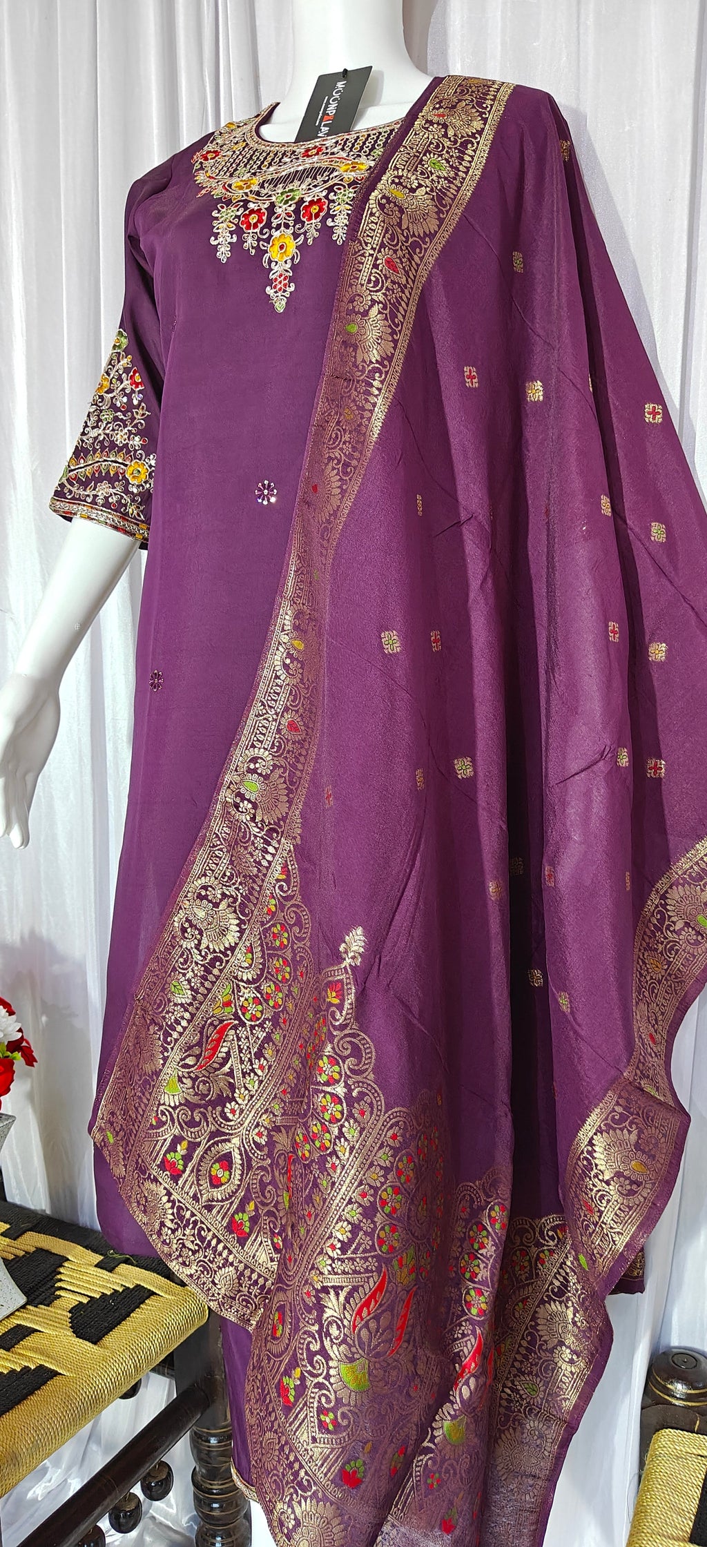 Moonpalav Rich Wine Roman Silk Kurta Set with Jacquard Meena Dupatta