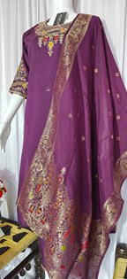 Moonpalav Rich Wine Roman Silk Kurta Set with Jacquard Meena Dupatta