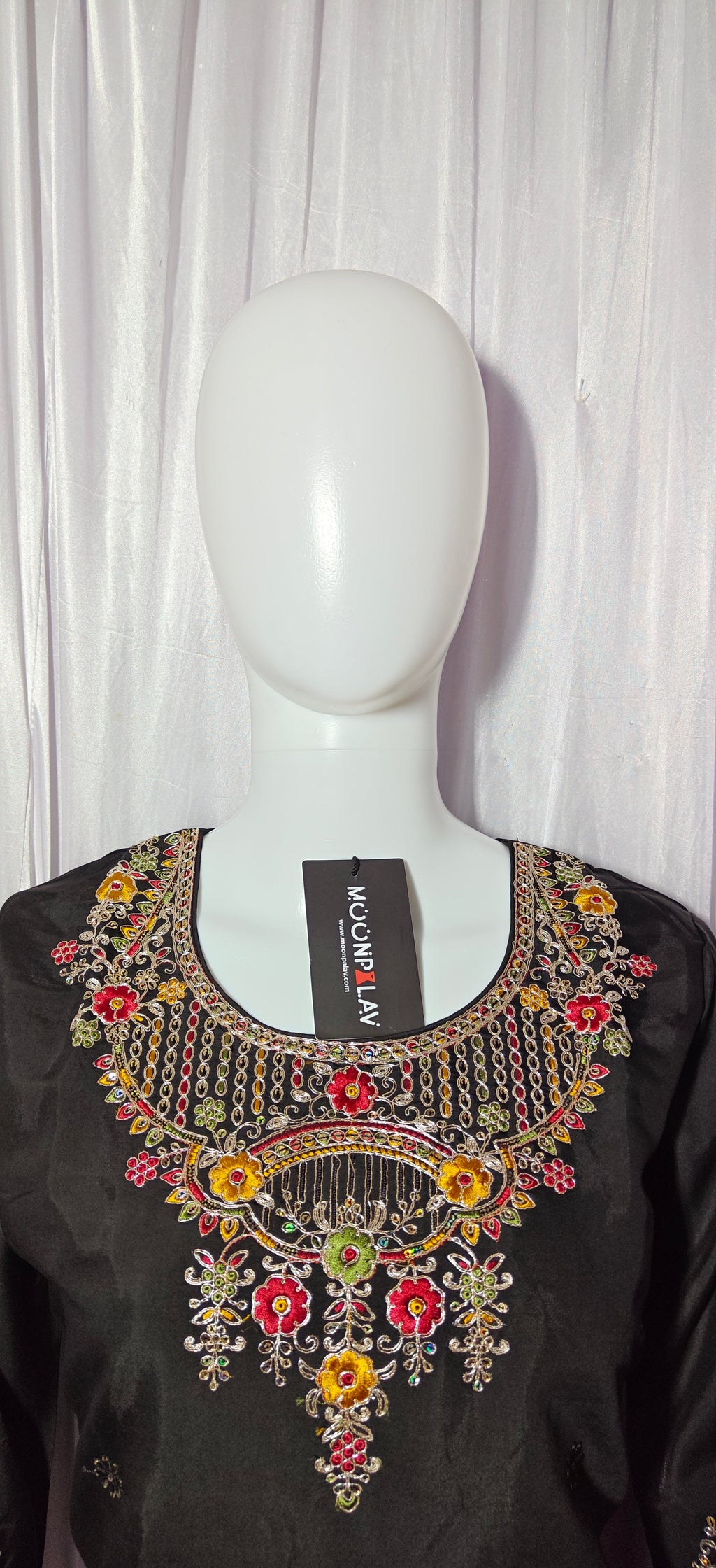 Moonpalav Midnight Black Roman Silk Sequinned Kurta Set with Jacquard Dupatta
