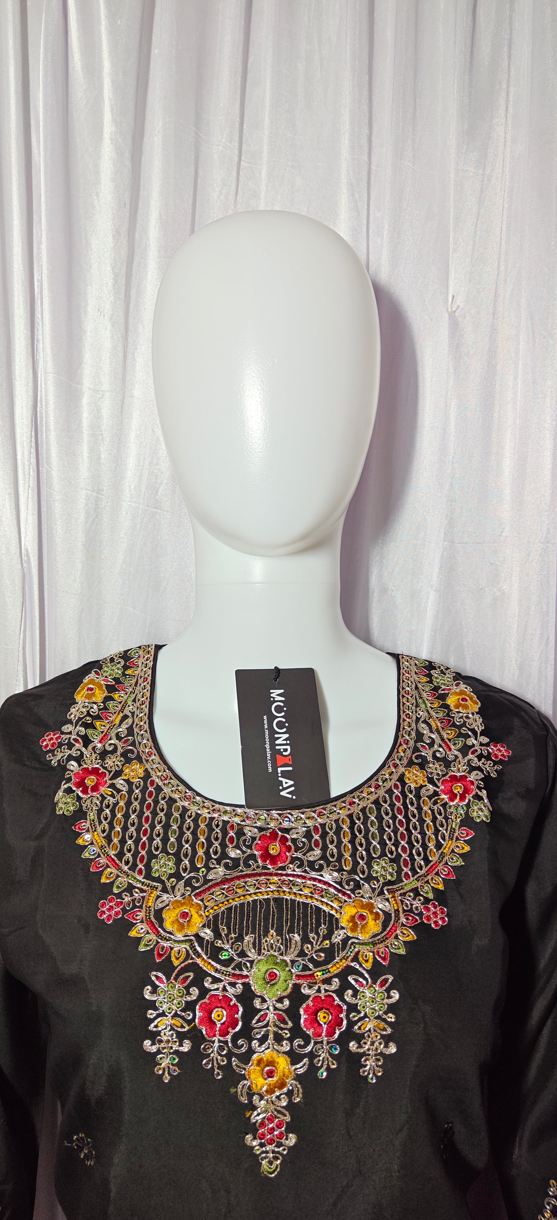 Moonpalav Midnight Black Roman Silk Sequinned Kurta Set with Jacquard Dupatta