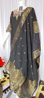 Moonpalav Midnight Black Roman Silk Sequinned Kurta Set with Jacquard Dupatta