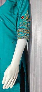 Moonpalav Teal Roman Silk Sequinned Kurta Set with Jacquard Dupatta