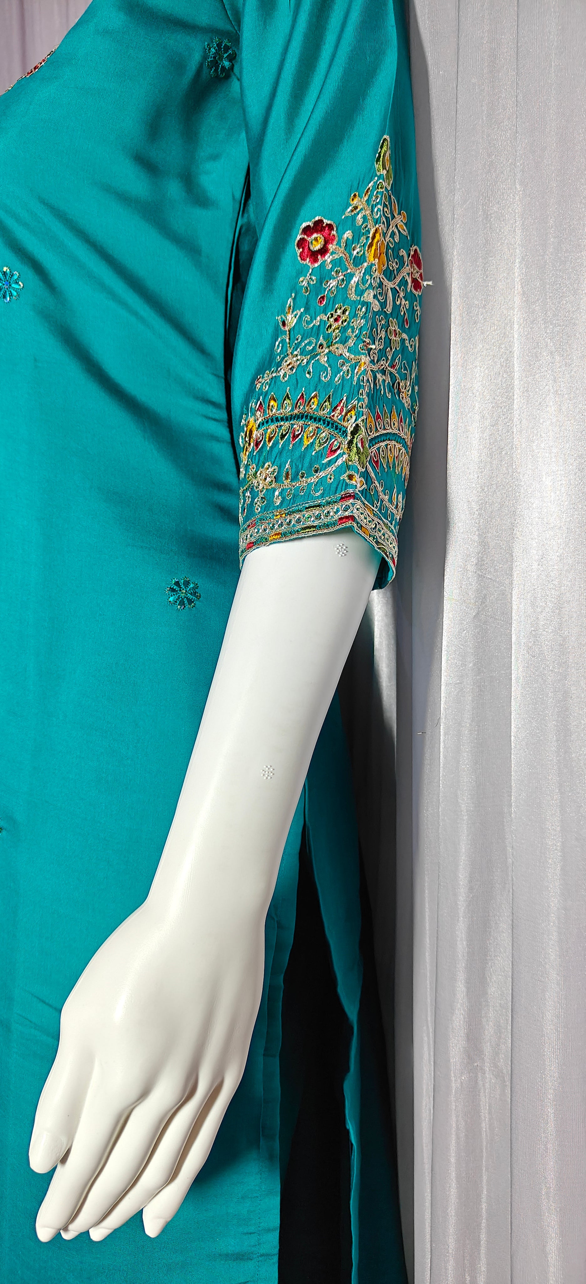 Moonpalav Teal Roman Silk Sequinned Kurta Set with Jacquard Dupatta