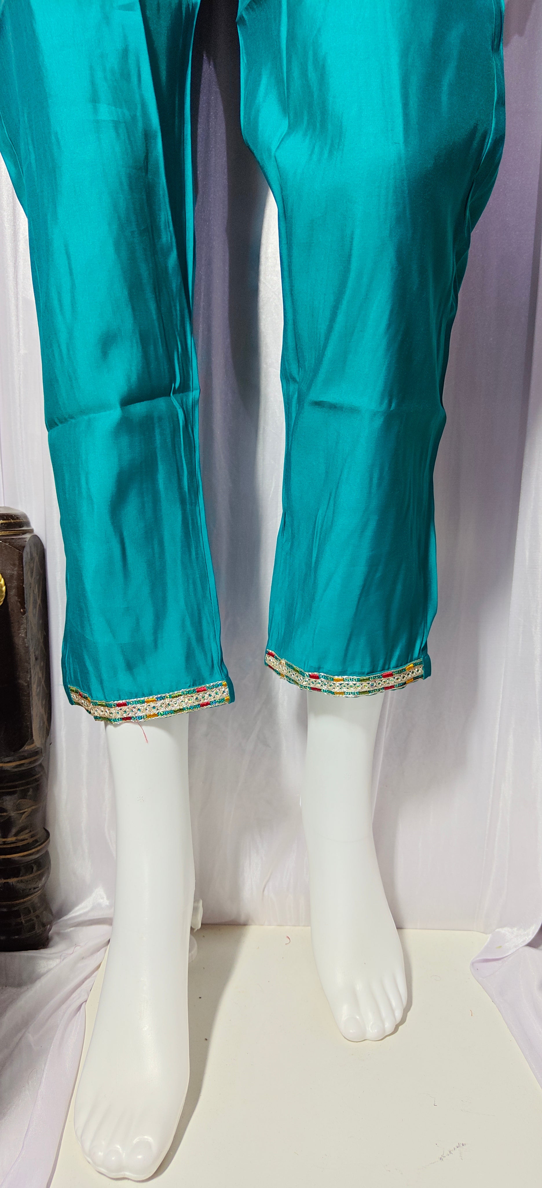 Moonpalav Teal Roman Silk Sequinned Kurta Set with Jacquard Dupatta