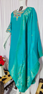 Moonpalav Teal Roman Silk Sequinned Kurta Set with Jacquard Dupatta