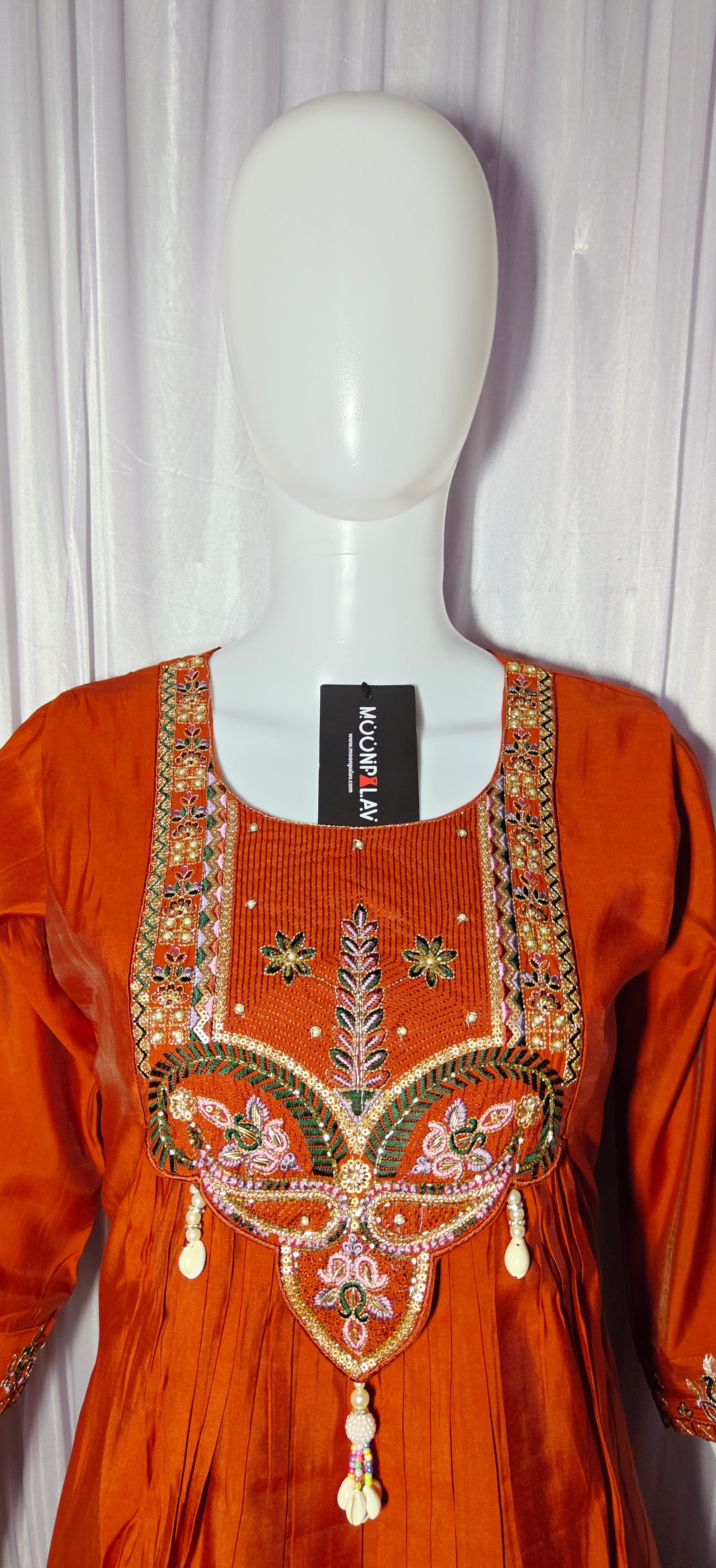 Moonpalav Rust Orange Sequinned Roman Silk Anarkali Kurta Set