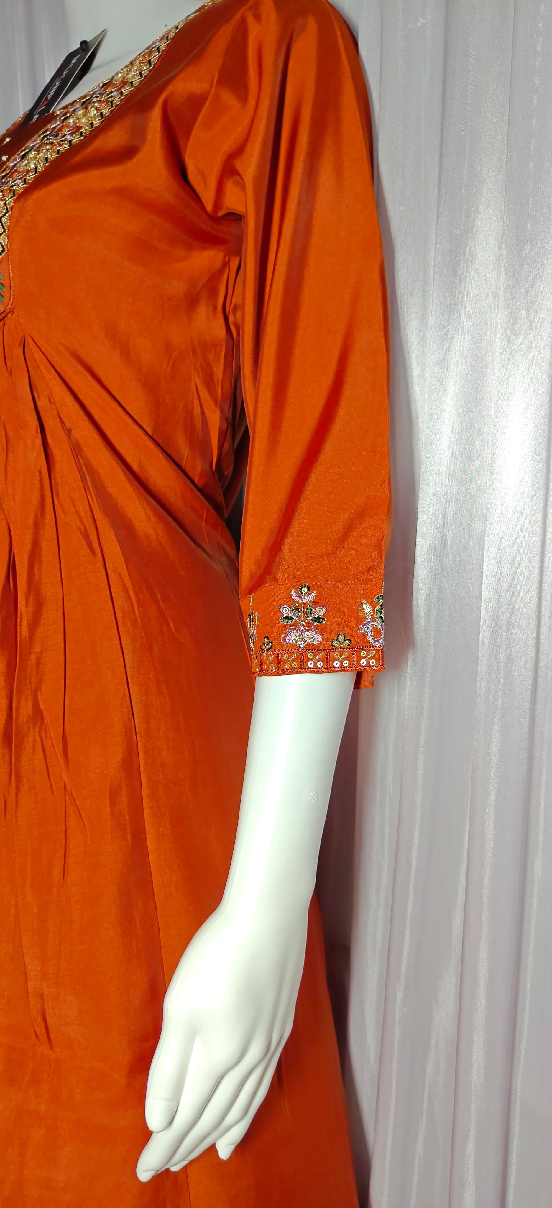 Moonpalav Rust Orange Sequinned Roman Silk Anarkali Kurta Set