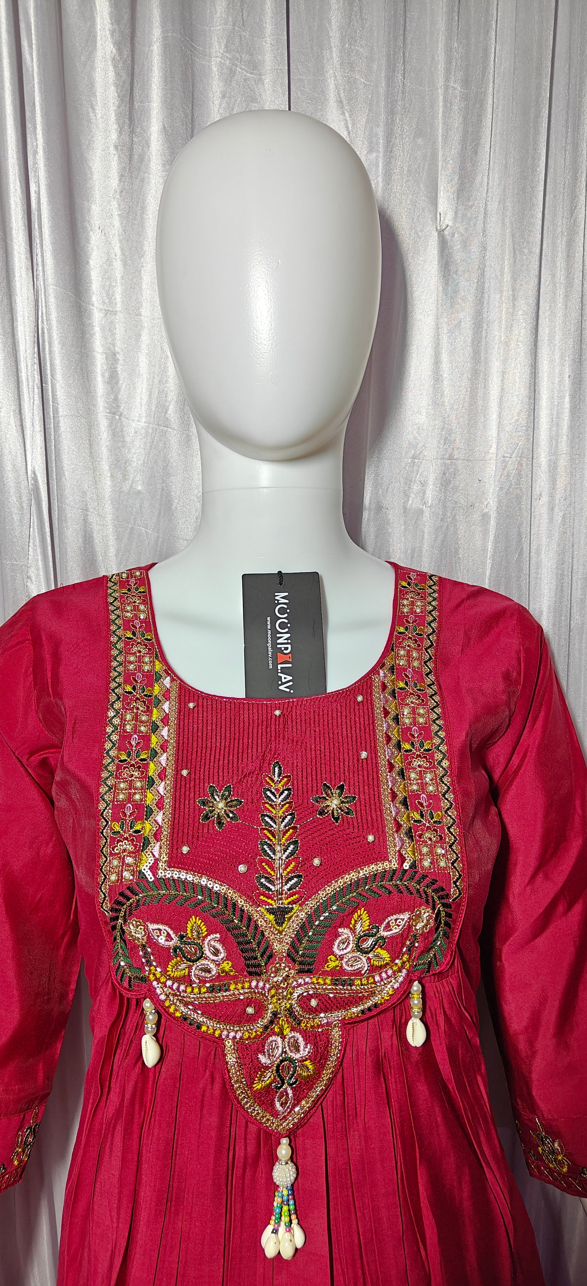 Moonpalav Rani Pink Roman Silk Handwork Anarkali Suit with Dupatta