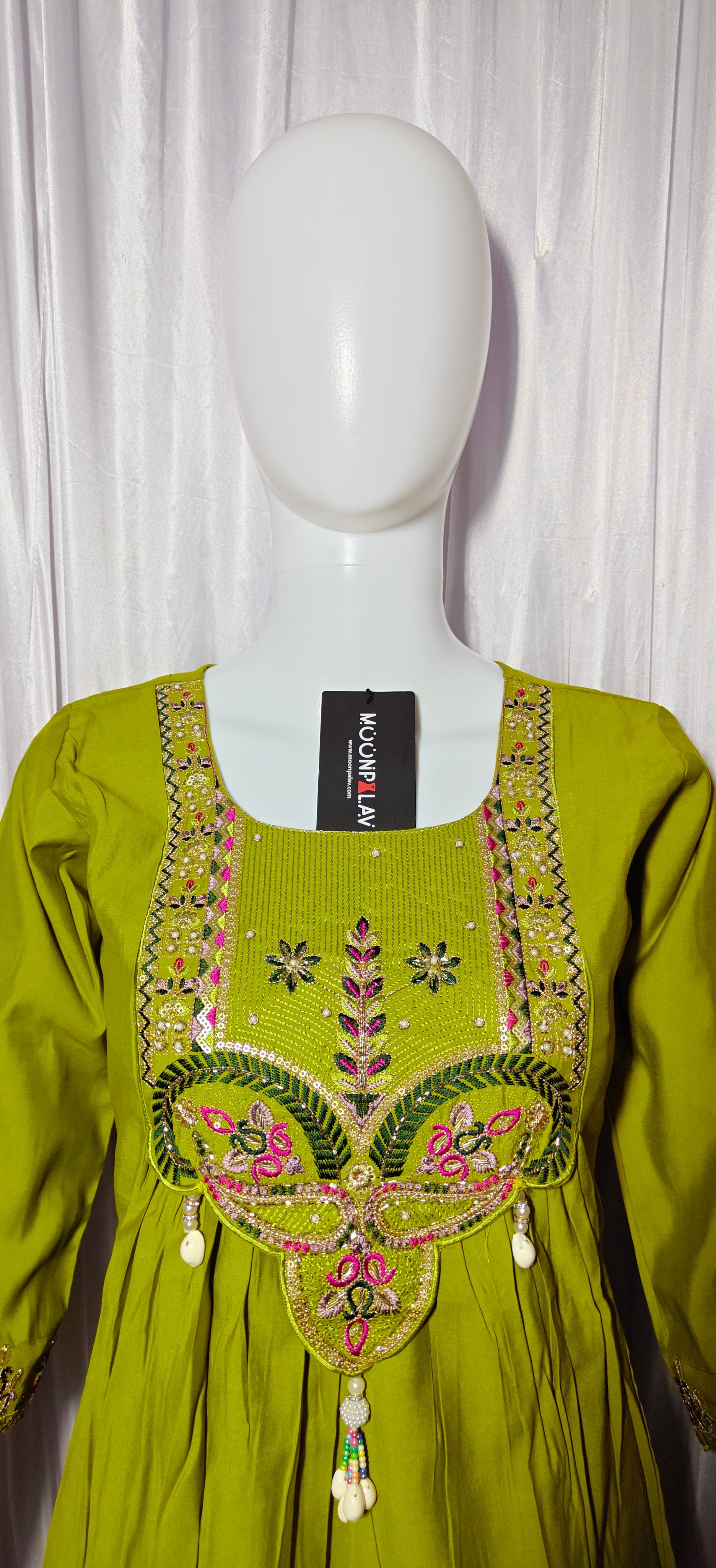 Moonpalav Lime Green Roman Silk Flared Anarkali Suit Set