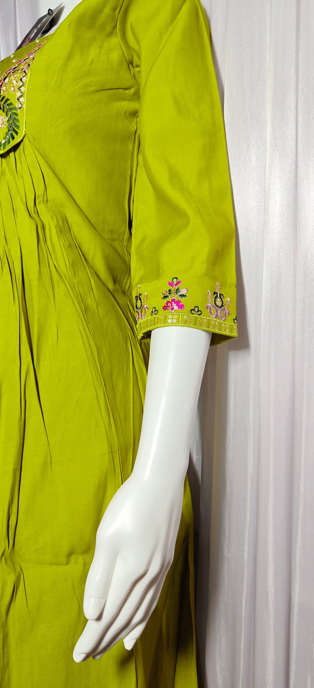 Moonpalav Lime Green Roman Silk Flared Anarkali Suit Set