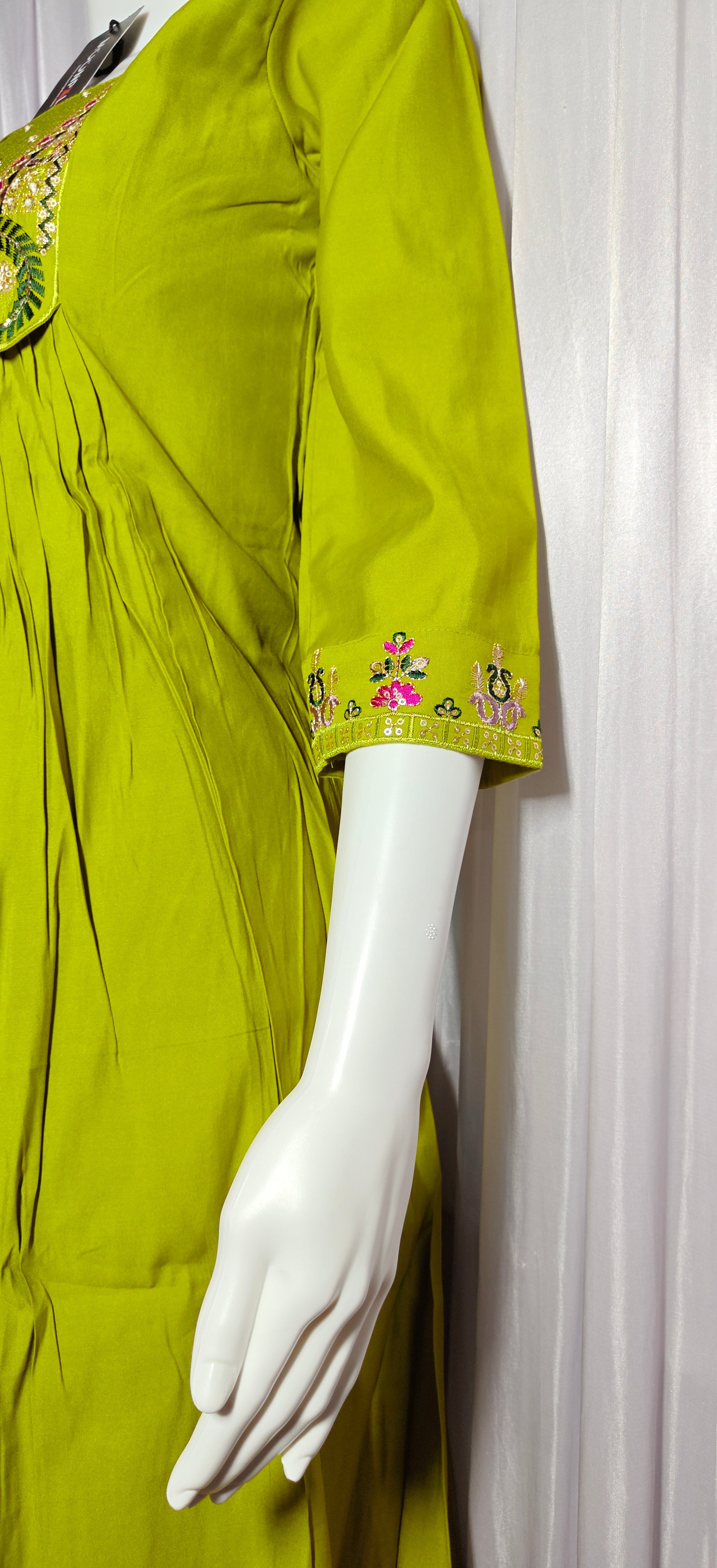 Moonpalav Lime Green Roman Silk Flared Anarkali Suit Set