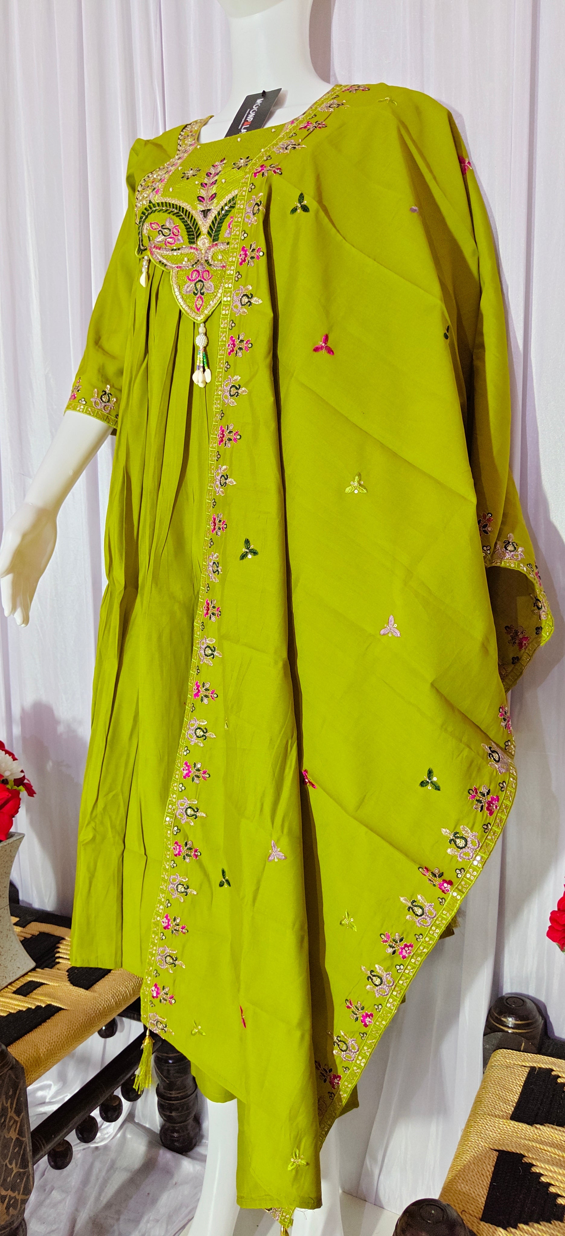 Moonpalav Lime Green Roman Silk Flared Anarkali Suit Set