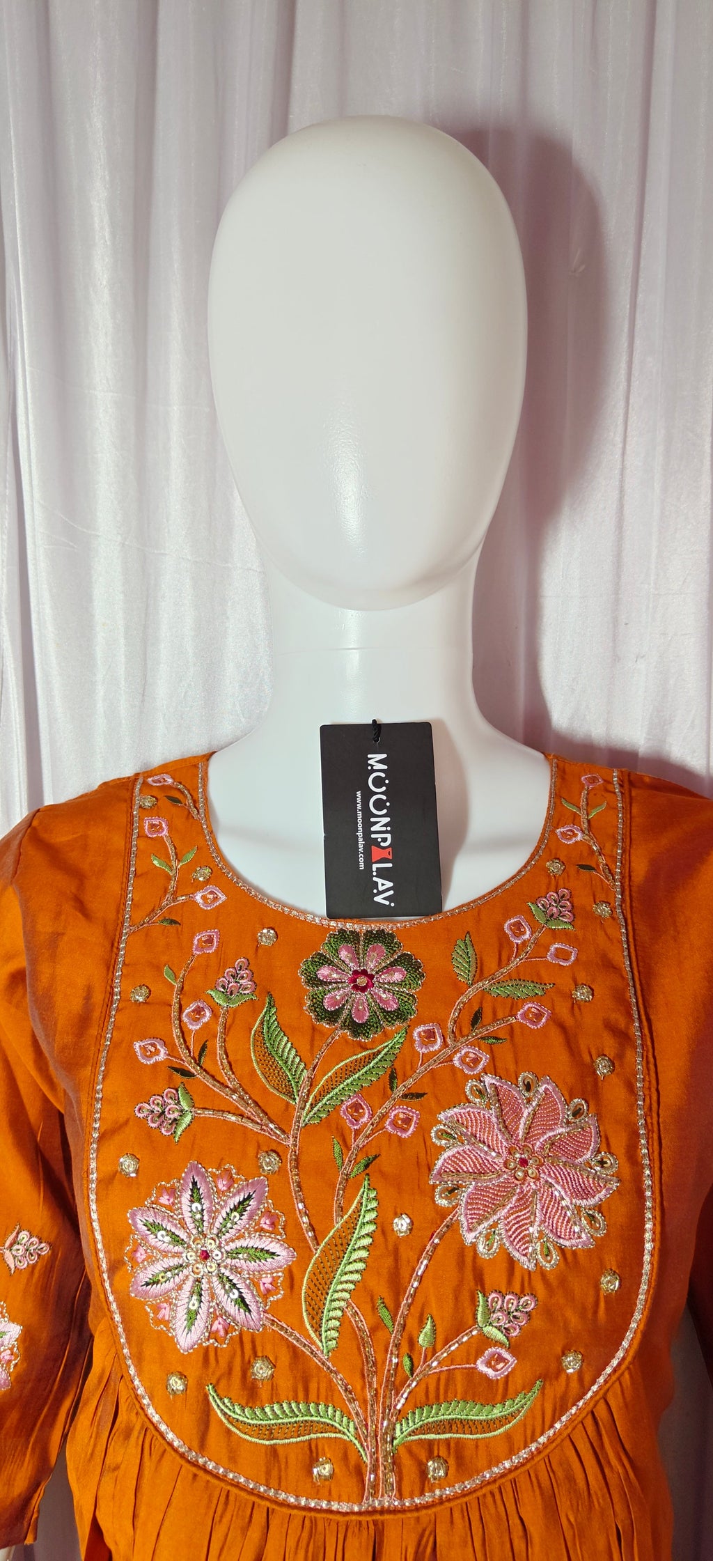 Moonpalav Signature Orange Roman Silk Hand-Embroidered Anarkali Suit Set