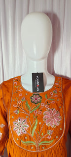 Moonpalav Signature Orange Roman Silk Hand-Embroidered Anarkali Suit Set