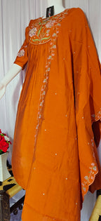 Moonpalav Signature Orange Roman Silk Hand-Embroidered Anarkali Suit Set
