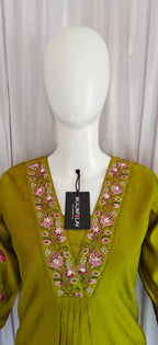 Moonpalav Signature Olive Green Marina Silk Handwork Kurta Set