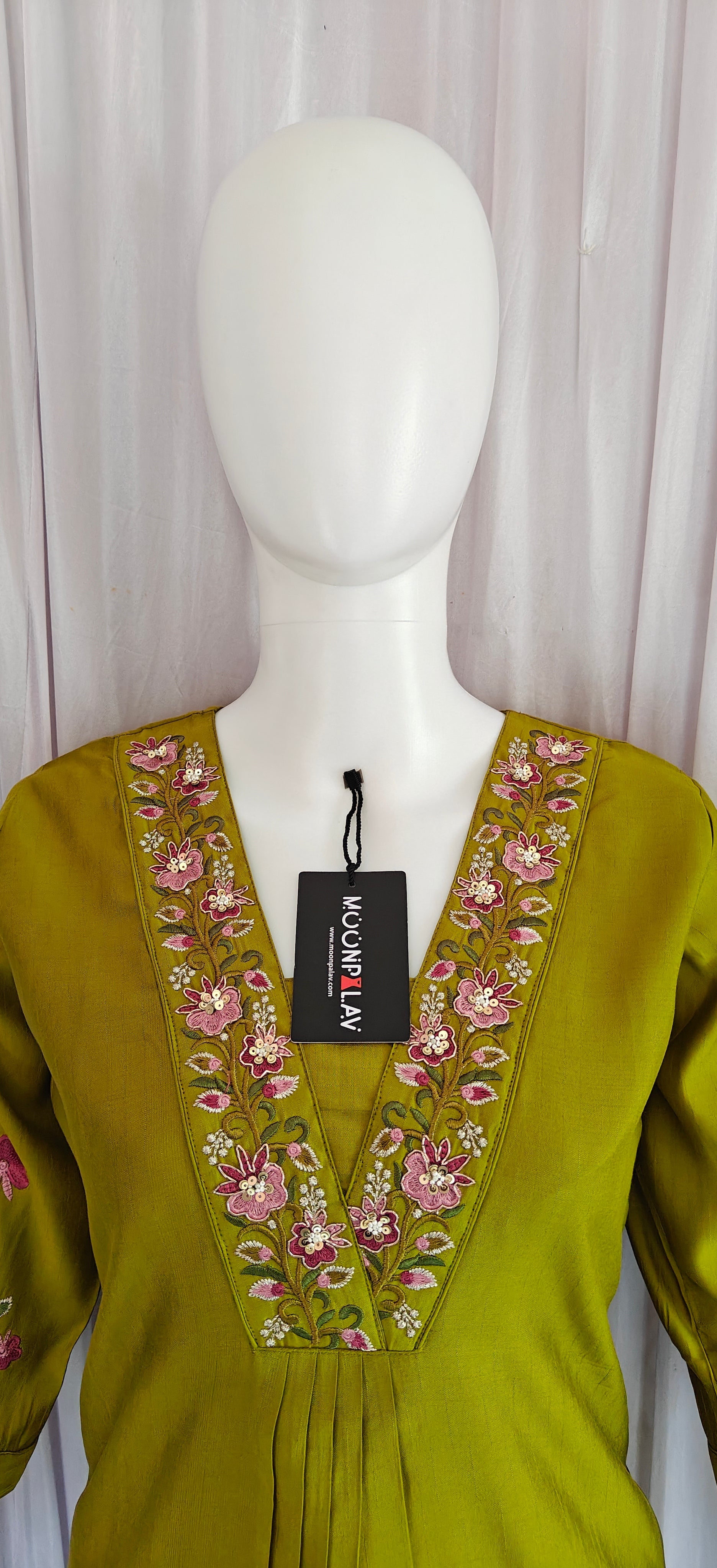 Moonpalav Signature Olive Green Marina Silk Handwork Kurta Set