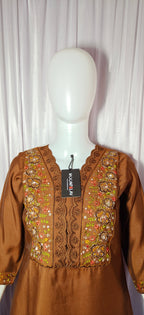 Hand-Embroidered Silk Suit with Woven Floral Motif Dupatta