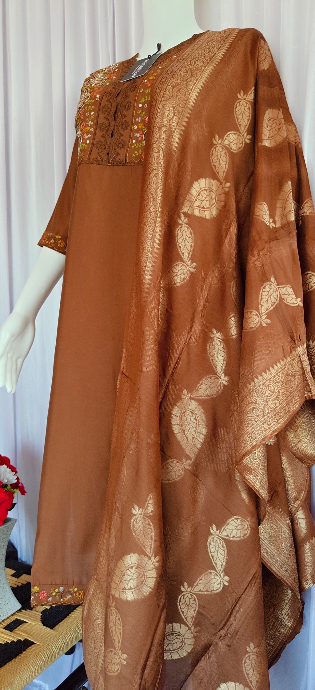 Hand-Embroidered Silk Suit with Woven Floral Motif Dupatta