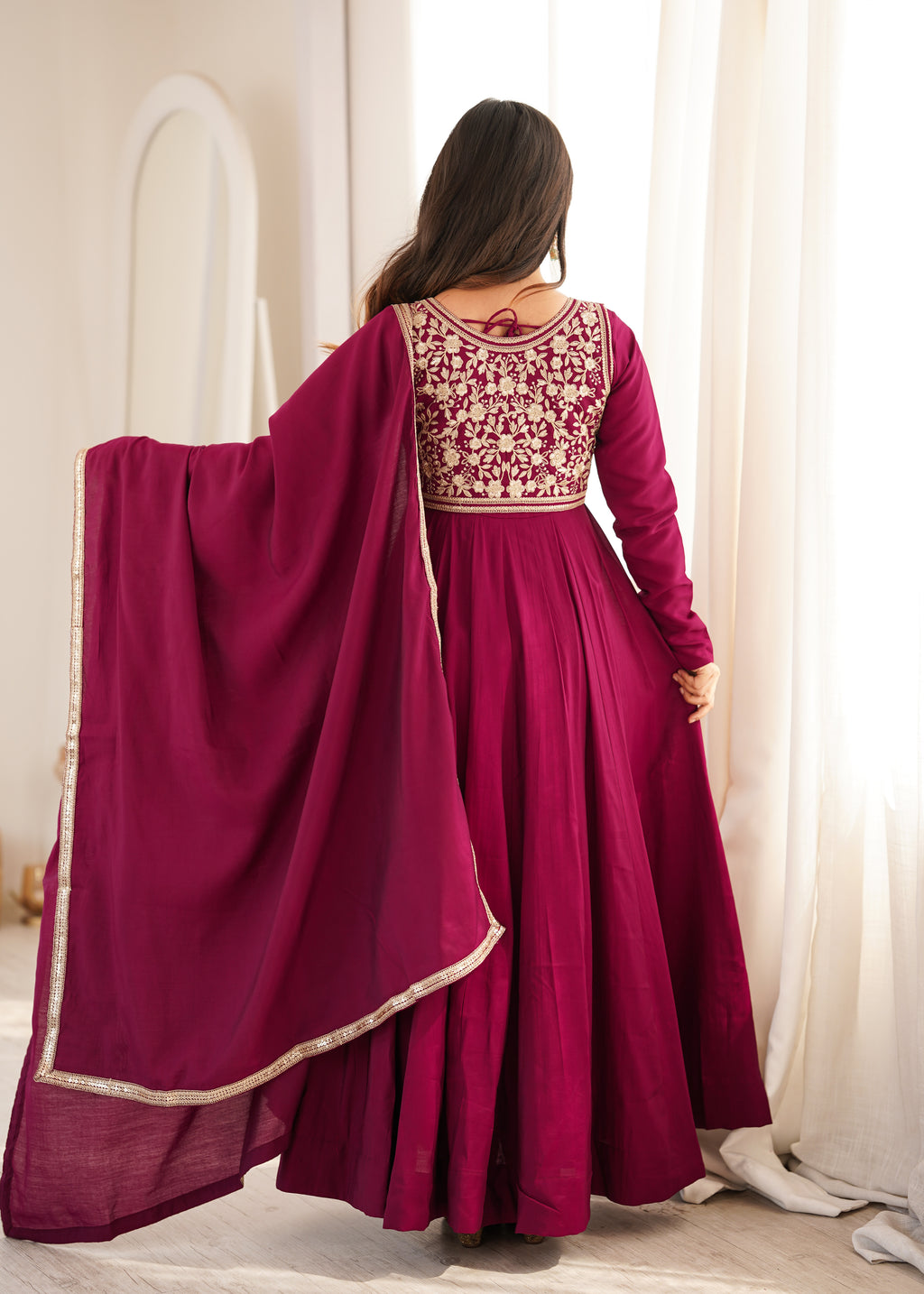 Royal Chanderi Silk Flared Anarkali Gown with Embroidered Dupatta