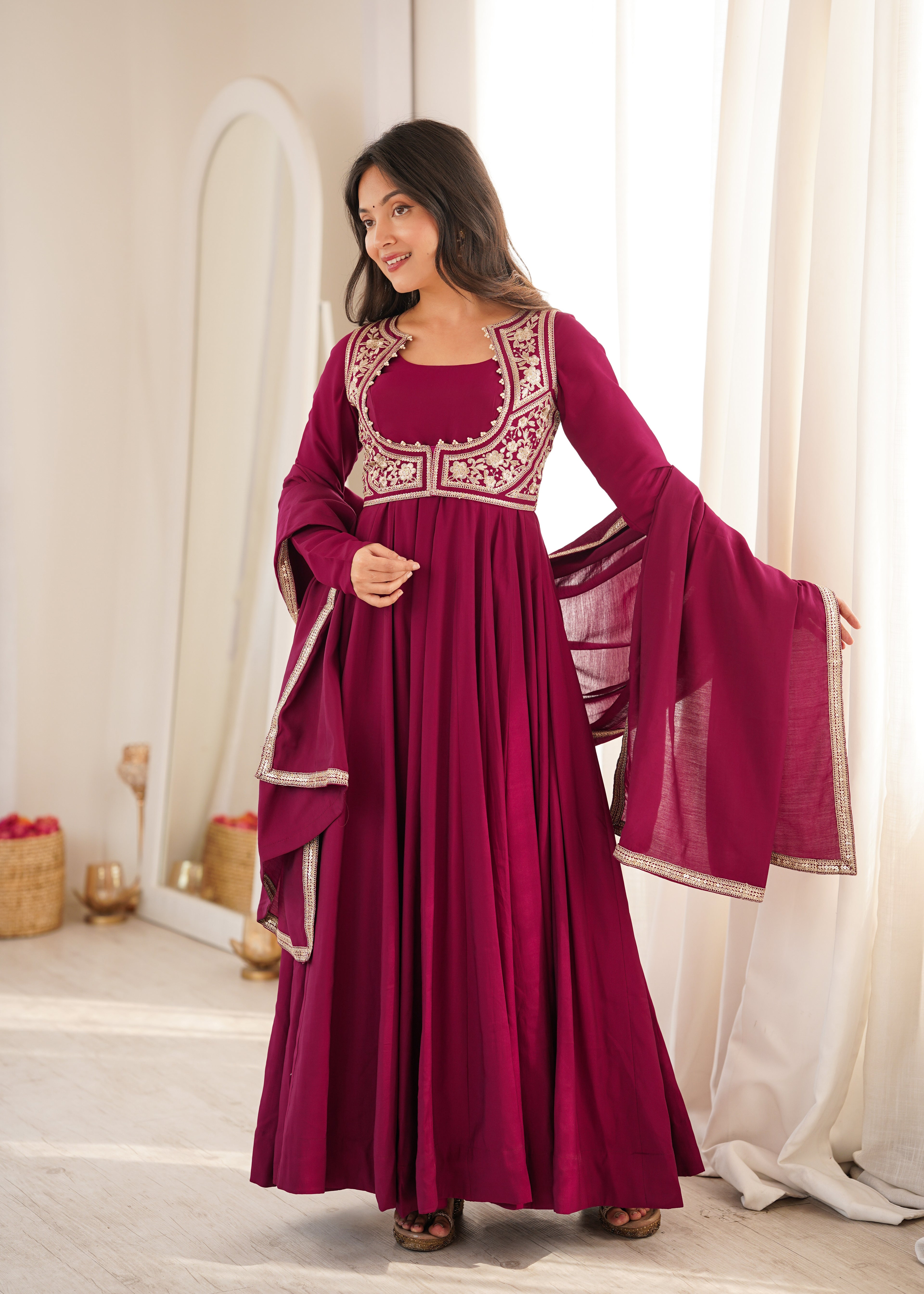 Royal Chanderi Silk Flared Anarkali Gown with Embroidered Dupatta