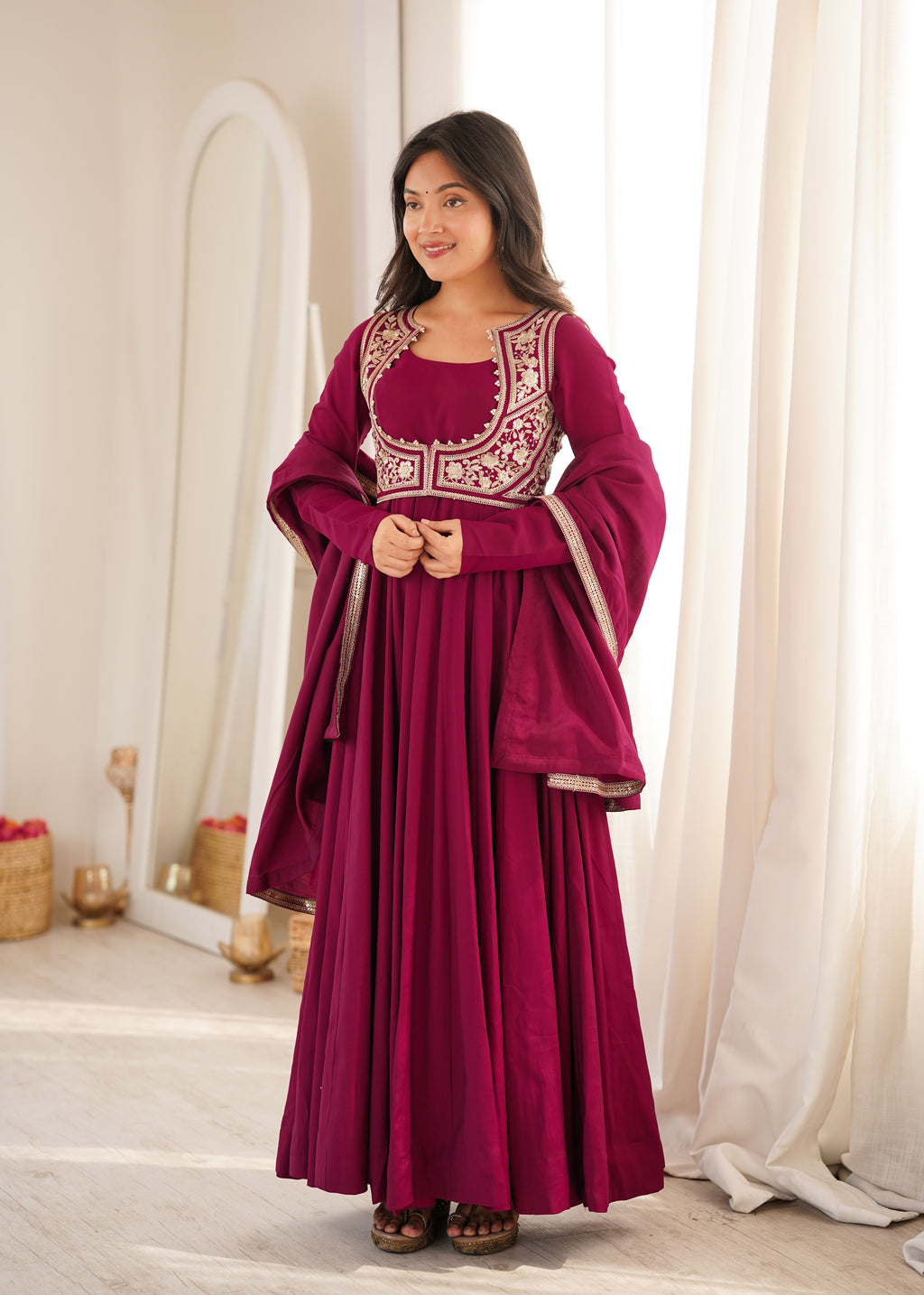 Royal Chanderi Silk Flared Anarkali Gown with Embroidered Dupatta