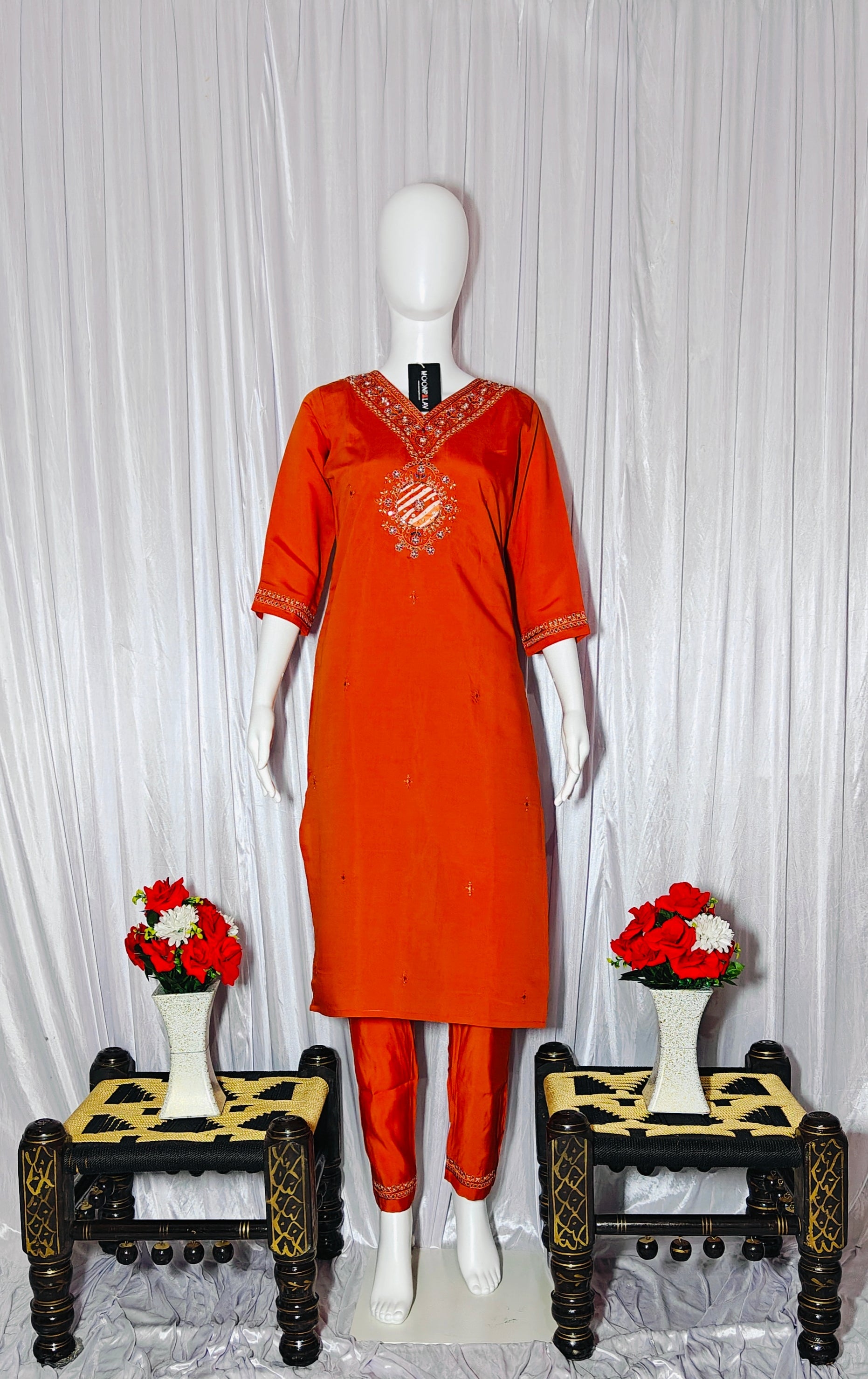 Moonpalav Vibrant Orange Embroidered Silk Kurta Set with Zari Border Dupatta