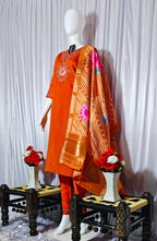 Moonpalav Vibrant Orange Embroidered Silk Kurta Set with Zari Border Dupatta