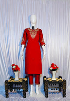 Moonpalav Majestic Maroon Roman Silk Sequinned Kurta Set with Jacquard Dupatta