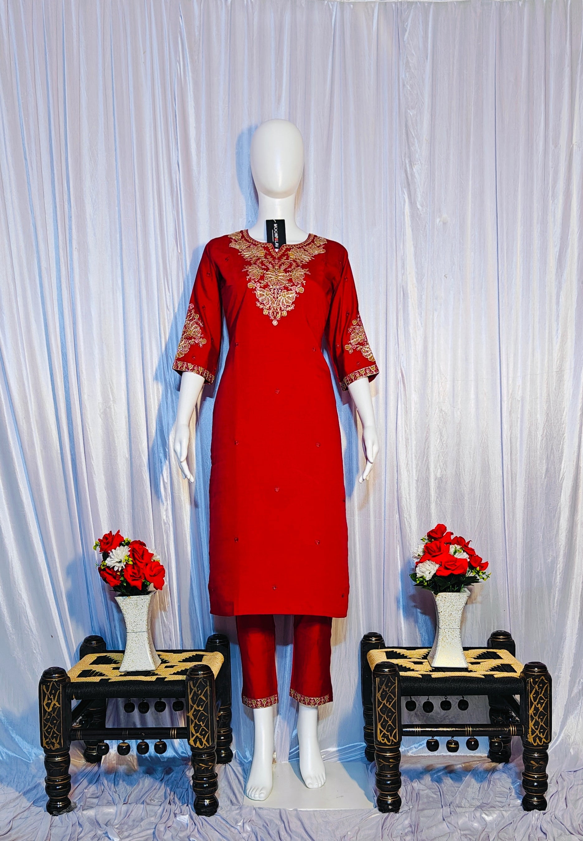 Moonpalav Majestic Maroon Roman Silk Sequinned Kurta Set with Jacquard Dupatta