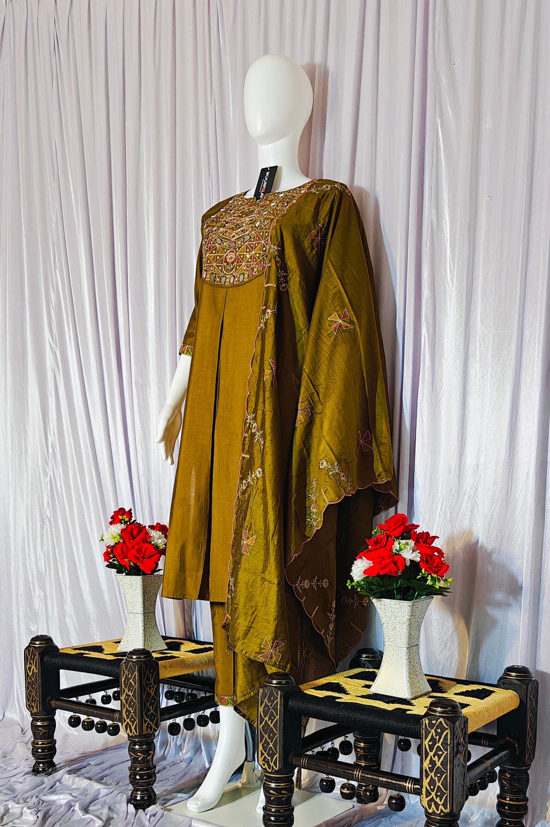 Moonpalav Mustard Gold Mango Silk Real Mirror Work Designer Kurti Set With Duppata